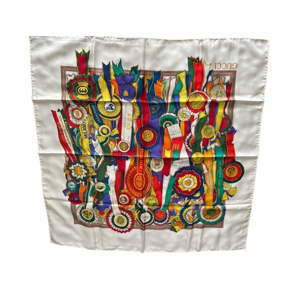 GUCCI " concorso ippico": Multicolor Silk, Logo Scarf #L028 - Picture 3 of 12
